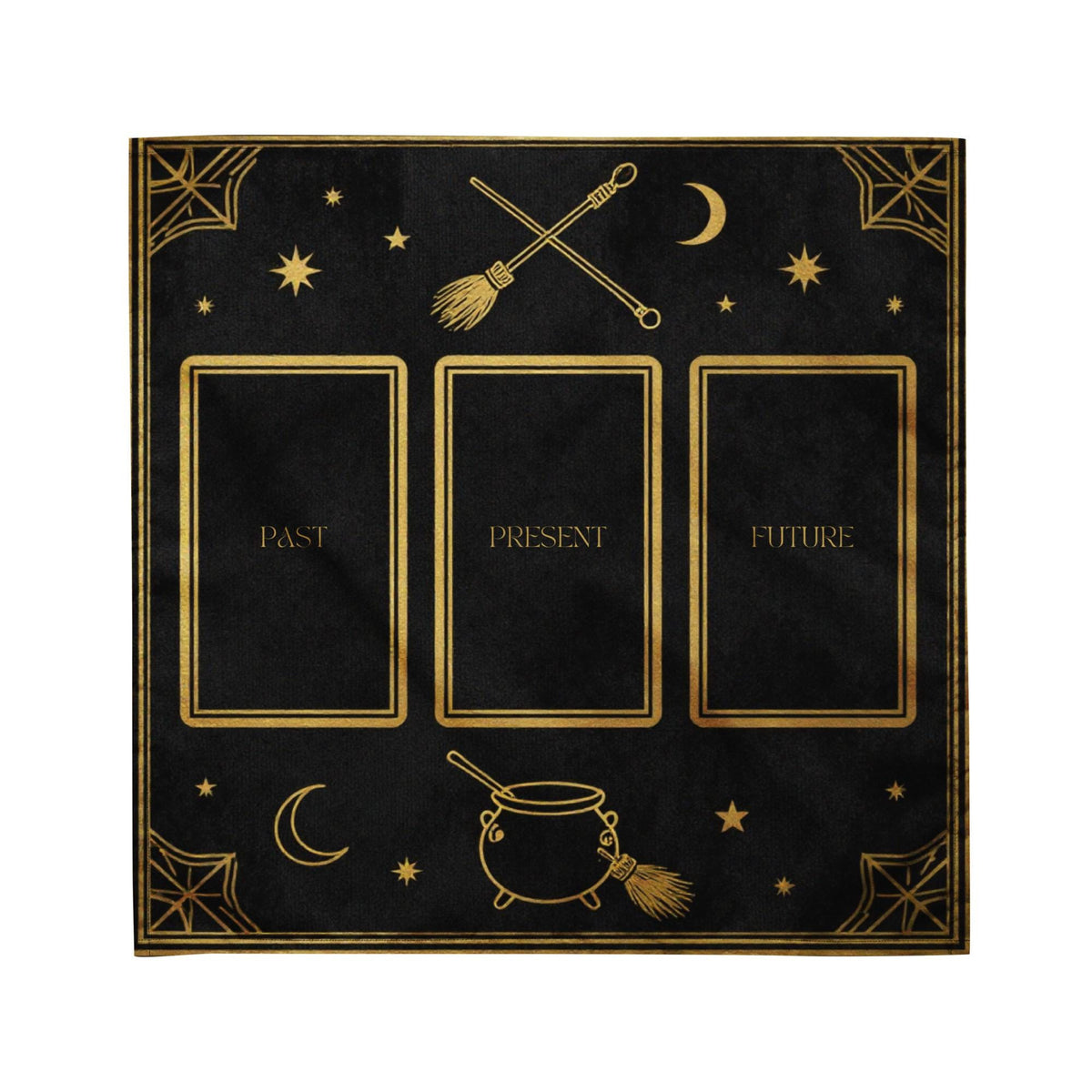 Witchy Cauldron Tarot Cloth – Black Gold Cosmic Spread Mat (21"x21")