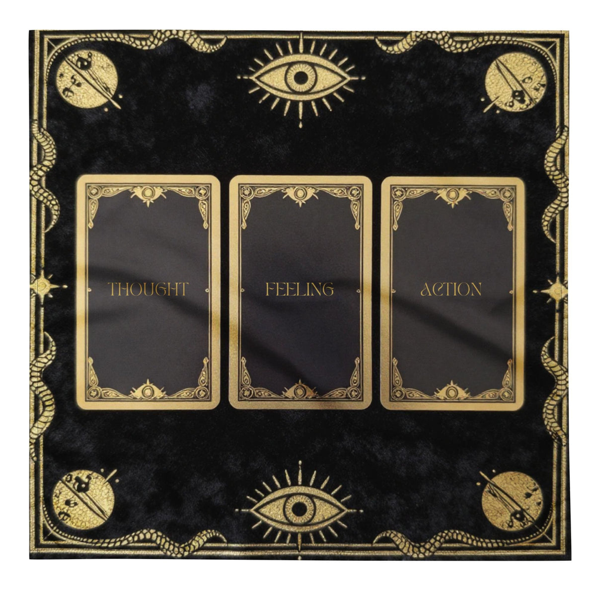 Celestial Tarot Cloth – 3 Card Spread Altar Mat, Thought Feeling Action Layout